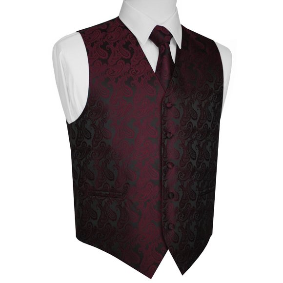 Men's Formal Wedding Prom Homecoming Tuxedo Vest Tie Hankie set - Berry Paisley - Picture 2 of 4